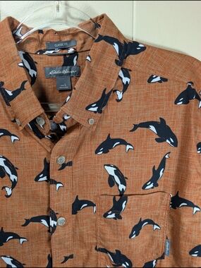Eddie Bauer Orca Whale Button Up Shirt Mens Large Brown Short Sleeve